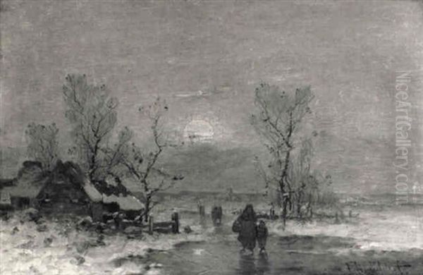 A Winter Landscape With A Peasantwoman And Child On A Frozen Ditch Oil Painting by Johann Jungblut