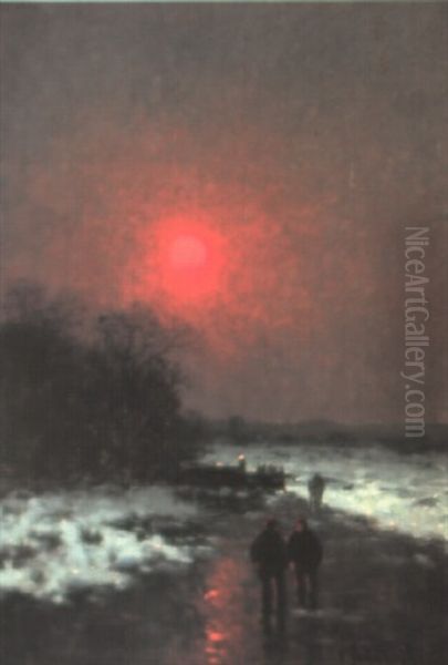 Spaziergang Im Schnee Bei Sonnenuntergang Oil Painting by Johann Jungblut