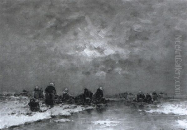 Fischerfrauen Auf Zugefrorenem Gew,sser, Winterabend Oil Painting by Johann Jungblut