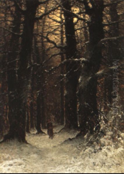 Einsame Frau Im Verschneiten Winterwald. Abendstimmung Oil Painting by Johann Jungblut