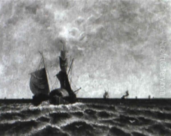 Marine Mit Zweimastschoner, Segelschiffen Und Dampf Oil Painting by Johann Jungblut