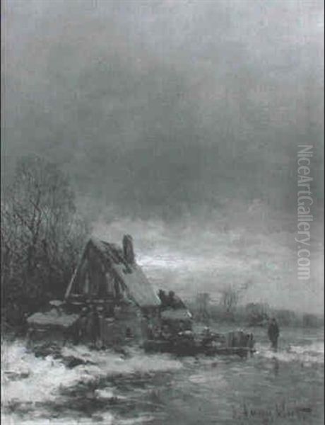 Winterlicher Sonnenuntergang Uber Gefrorenem Gewasser Oil Painting by Johann Jungblut