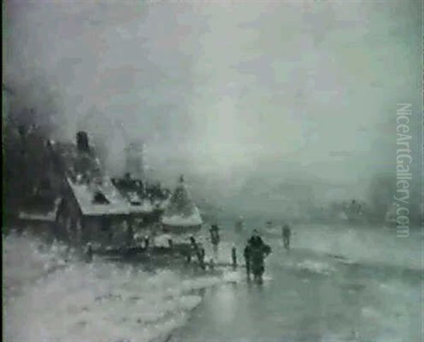 Dutch Village In Winter Oil Painting by Johann Jungblut