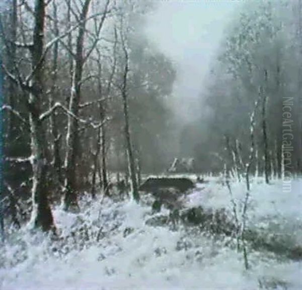 Wintertag.auf Einer Verschneiten Waldlichtung Zwei          Waldarbeiter Oil Painting by Johann Jungblut