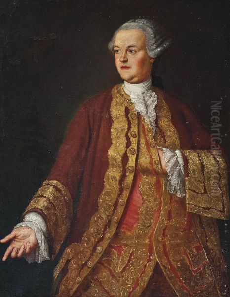 Portrait Of A Gentleman, Half-length, In A Red Coat And Waistcoat With Gold Brocade Oil Painting by Pompeo Gerolamo Batoni