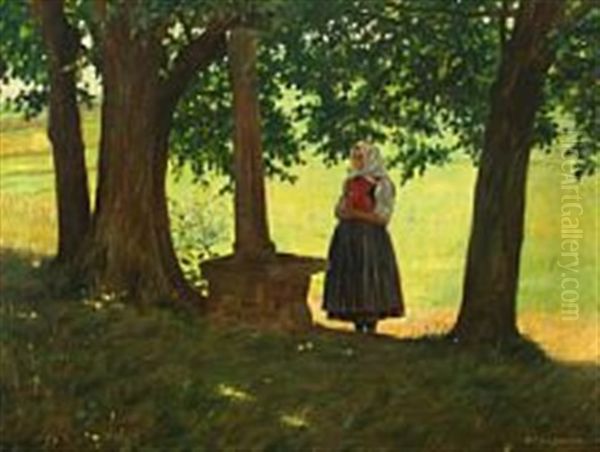 Forest Scene With Woman At A Monument Oil Painting by Reinhard Paul Junghanns