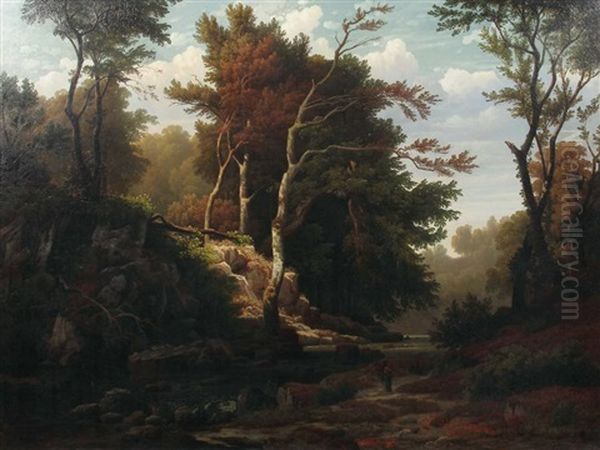 Flusslandschaft Mit Bewaldetem Ufer Und Ansteigendem Fels Oil Painting by Carl Jungheim