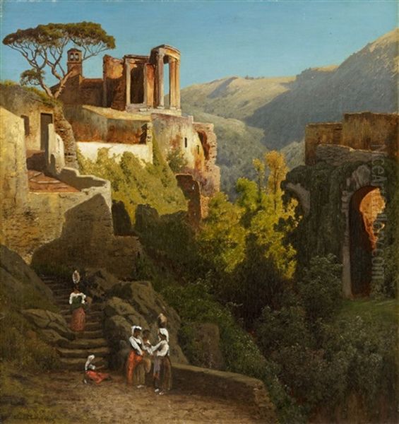 The Temple Of Vesta At Tivoli Oil Painting by Carl Jungheim