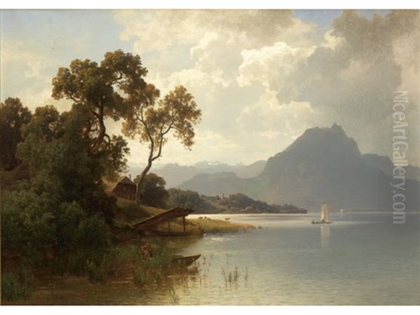 Expansive Landscape With Distant Mountains And Figures Near Lake Oil Painting by Carl Jungheim