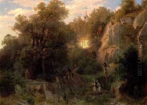 Von Der Abendlich Beschienenen Klosterkirche Tragen Monche In Einer Prozession Einen Sarg In Den Tiefer Gelegenen Klostergarten Herunter Oil Painting by Carl Jungheim