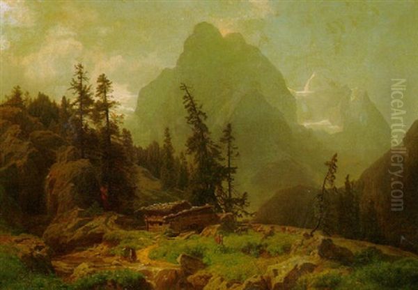 Schweizer Alpenlandschaft Mit Sennerhutte Und Kuhen Oil Painting by Carl Jungheim