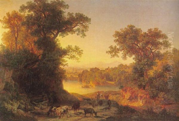 Hirten Mit Vieh In Oberbayerischer Landschaft Oil Painting by Carl Jungheim