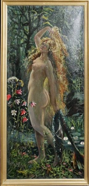 Standing Female Nude By Foliage Oil Painting by Josef Jungwirth