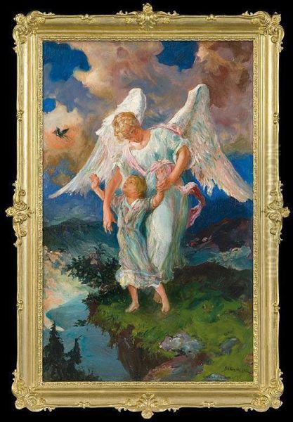 Guardian Angel Oil Painting by Stanislaw Batowski-Kaczor