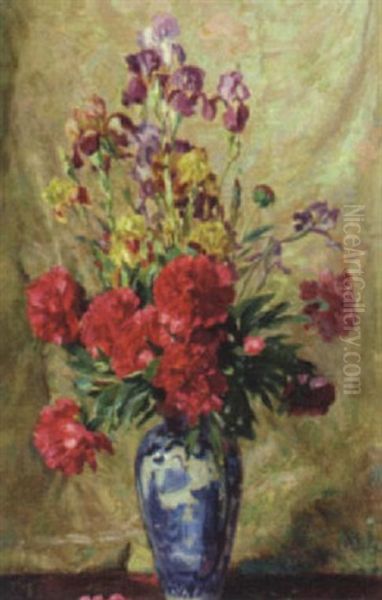 Still Life, Iris And Carnations In A Chinese Vase Oil Painting by Josef Jungwirth