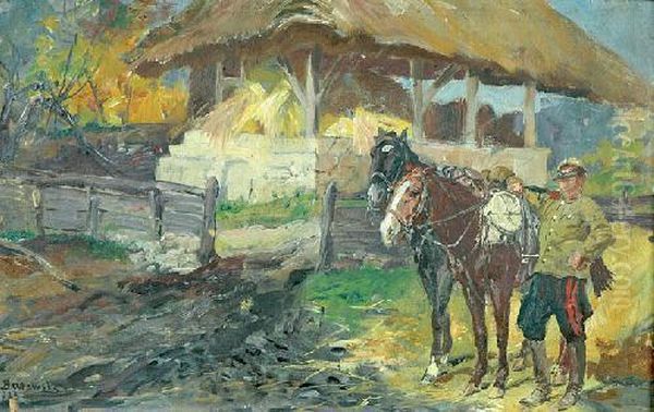 Zolnierz Z Konmi Oil Painting by Stanislaw Batowski-Kaczor