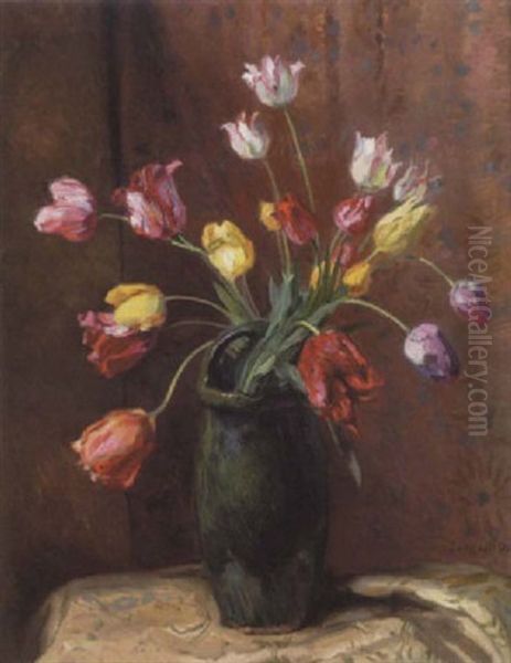 Tulipaner I En Gron Krukke Pa Et Bord Oil Painting by Josef Jungwirth