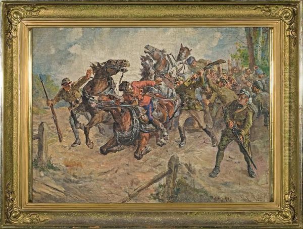 Skirmish (scene From The War Of 1920) Oil Painting by Stanislaw Batowski-Kaczor