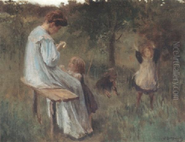 Mutter Mit Spielenden Kindern Oil Painting by Josef Jungwirth