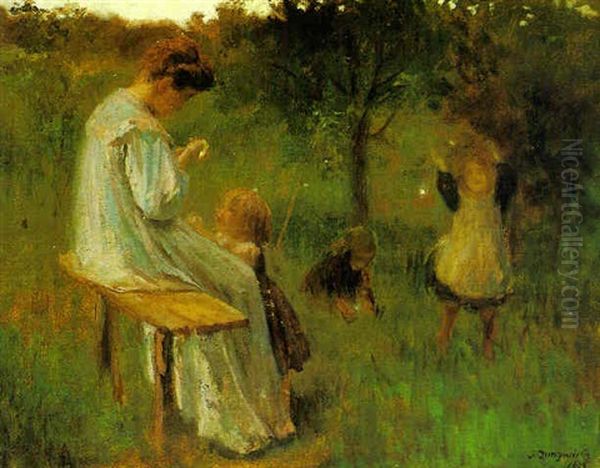 Mutter Mit Spielenden Kindern Im Garten Oil Painting by Josef Jungwirth