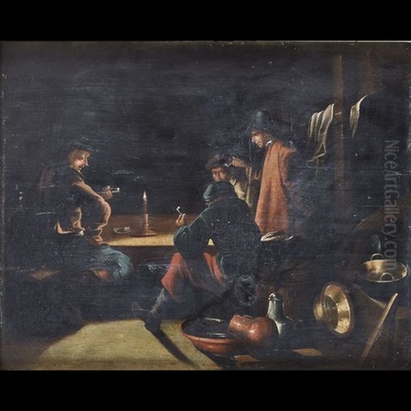 Interno Di Taverna Con Fumatori Di Pipa (+ Interno Con Figure Intente A Filare E Cucire; Pair) by Justus Junker