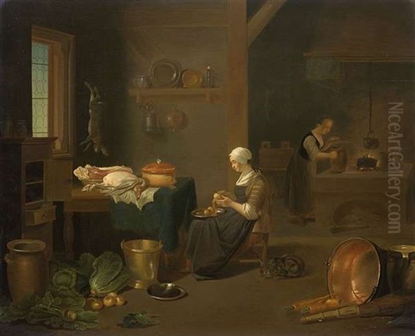 Kuchenmagd Beim Gemuseputzen (+ Kuchenmagd Beim Apfelschalen; Pair) Oil Painting by Justus Junker