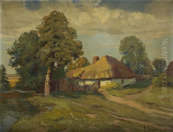 Landscape With A Cottage Oil Painting by Franciszek Jurjewicz