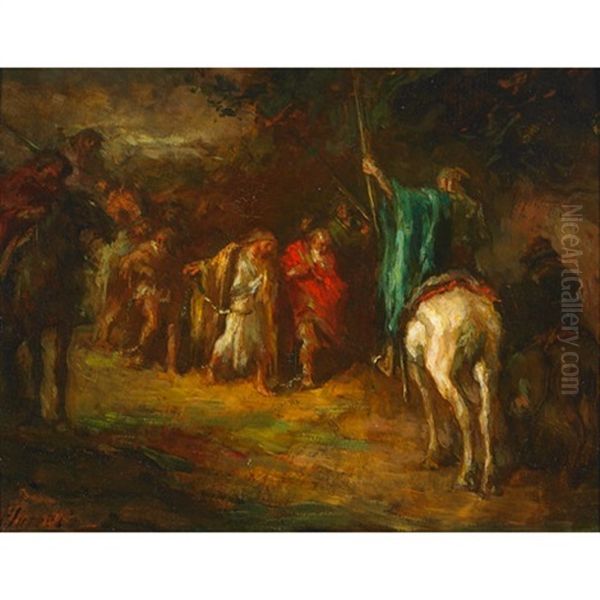 Horsemen Leading Captives Through A Forest Oil Painting by Johannes Hendricus Jurres