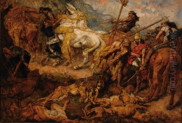 Lion Hunt Oil Painting by Johannes Hendricus Jurres