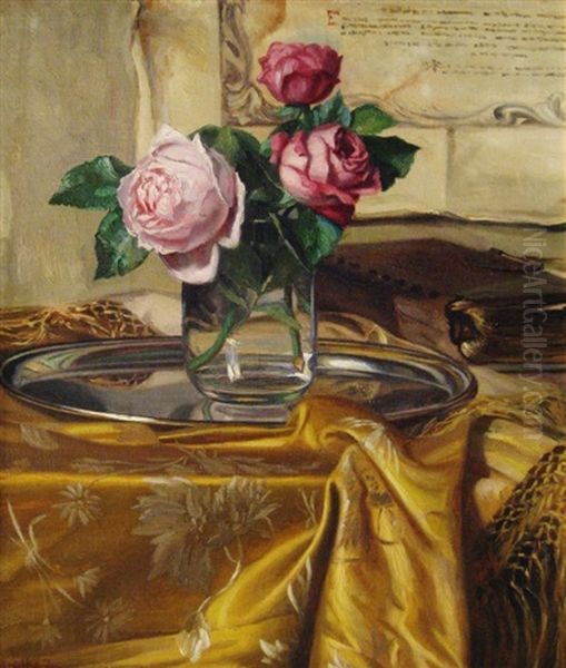 Still Life And Flowers Oil Painting by Josef Jurutka