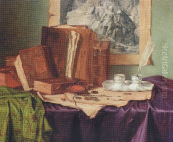 Books And Coins On A Draped Table Oil Painting by Josef Jurutka