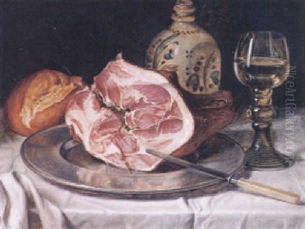 Stilleben Mit Grosem Prager Schinken Zinnteller Oil Painting by Josef Jurutka