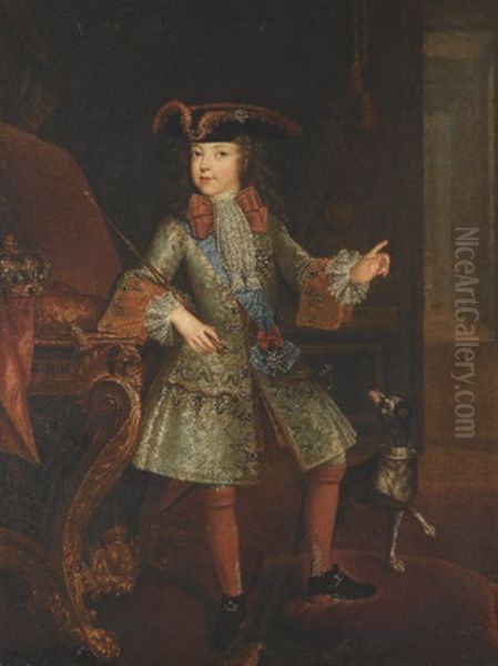 Portrait Of Louis Xv Of France As A Child, Standing Full Length In An Interior, Beside A Dog, His Crown On A Table Beside Him Oil Painting by Augustin Oudart Justinat