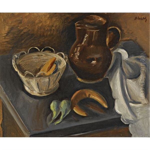 Still Life With White Basket (zatii S Bilym Koikem) Oil Painting by Alfred Justitz