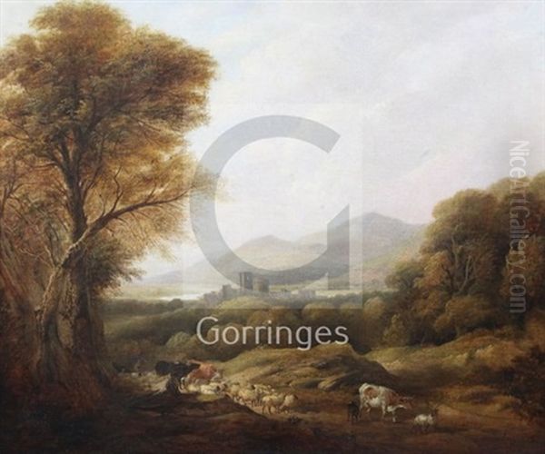 Cattle And Drover In A Landscape Oil Painting by Henry Jutsum