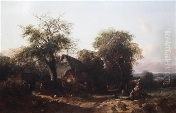 Farm Scene With Figures Beside A Well And A Boy Opening A Gate by Henry Jutsum