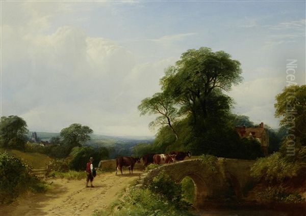 Cows Being Driven Across A Bridge Oil Painting by Henry Jutsum