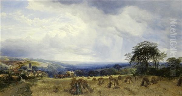 Sheltering Among The Wheat Stooks Oil Painting by Henry Jutsum