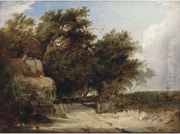 A Rural Track, With A Figure And Cottage Beyond Oil Painting by Henry Jutsum