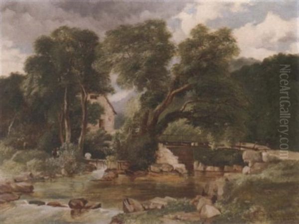 Figures By A Watermill Oil Painting by Henry Jutsum