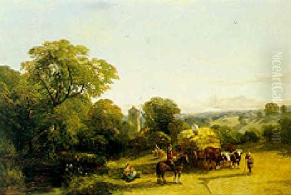 Harvesters In A Landscape Oil Painting by Henry Jutsum