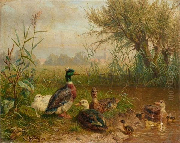 Birds By A Pond Oil Painting by Carl Jutz the Elder