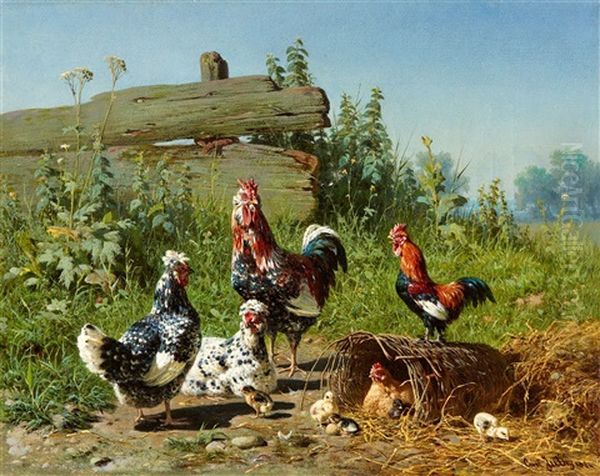 Summer Landscape With Poultry Oil Painting by Carl Jutz the Elder