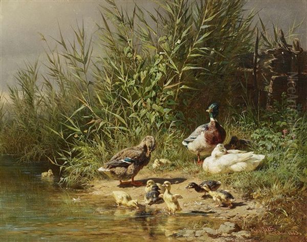 Ducks At The Shore Oil Painting by Carl Jutz the Elder