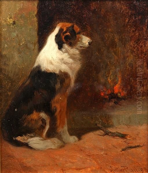 A Seated Collie Beside A Hearth Oil Painting by Arthur Batt