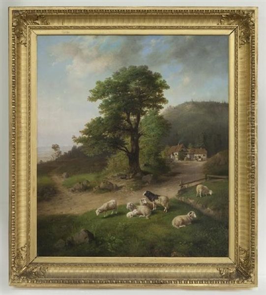 Untitled (image Of Farm Scene With Sheep) Oil Painting by Carl Jutz the Elder