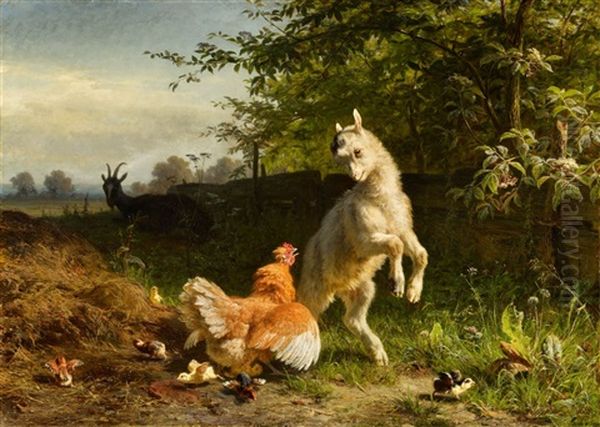 Goat Kid And A Hen Oil Painting by Carl Jutz the Elder