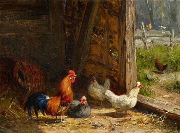 Barn Interior With Chickens Oil Painting by Carl Jutz the Elder