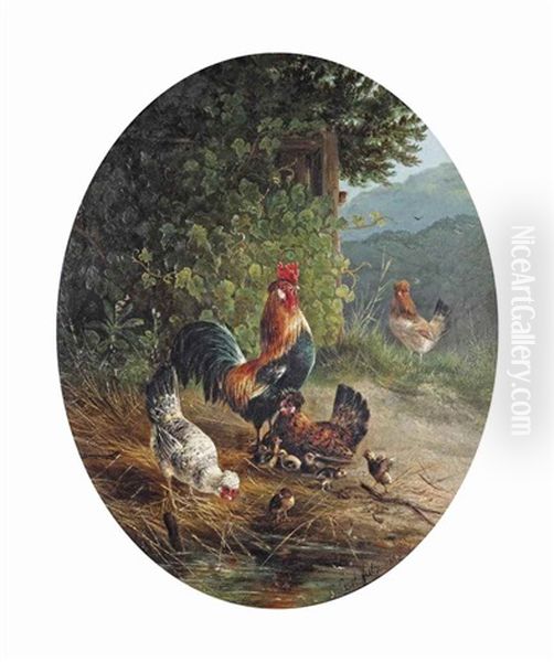 A Rooster With Hens And Chicks Oil Painting by Carl Jutz the Elder