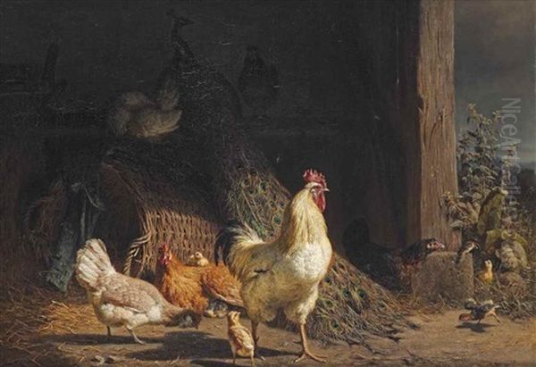 A Peacock, A Rooster And Chicks In A Stable Oil Painting by Carl Jutz the Elder